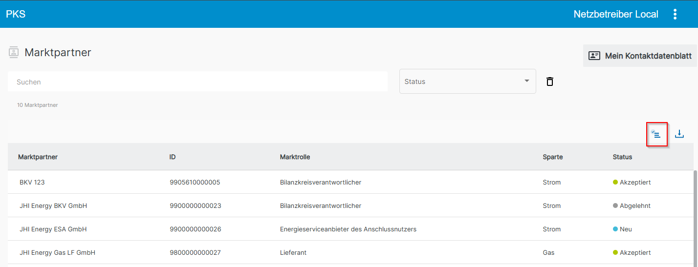 Akzeptieren der Kontaktdaten aller angezeigter Marktpartner