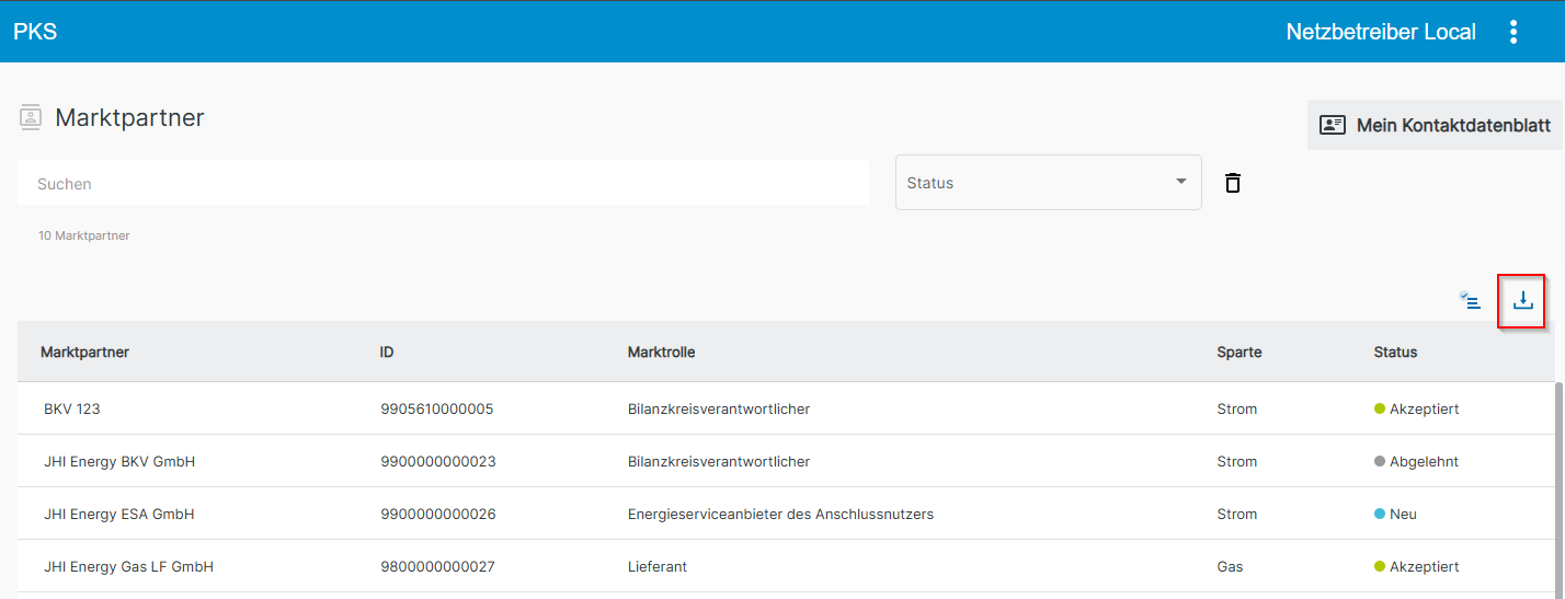 CSV-Export der Kontaktdaten aller angezeigter Marktpartner