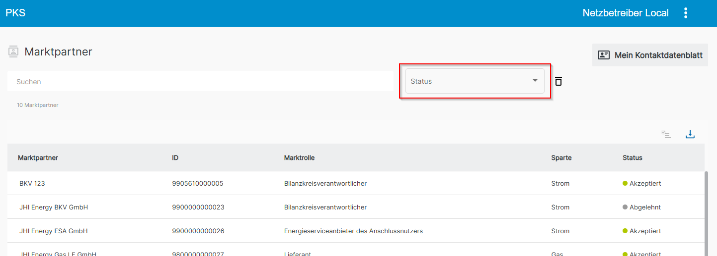 Status-Filter für Marktpartner-Liste