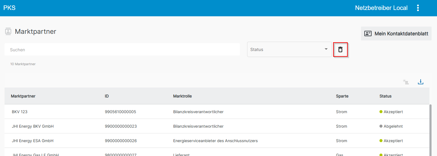 Zurücksetzen aller Filter für Marktpartner-Liste